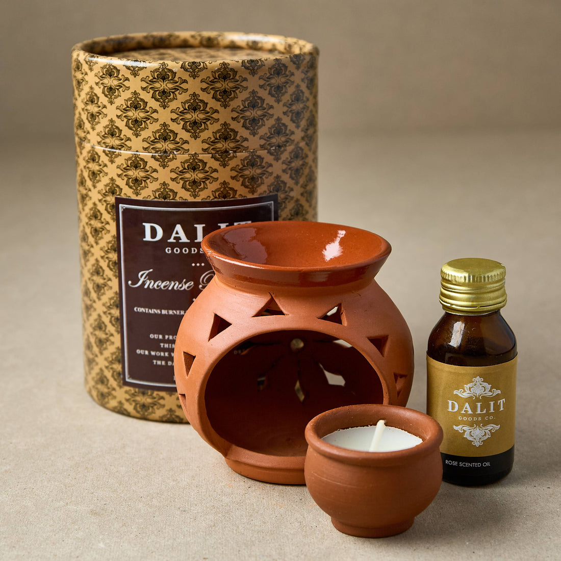Terracotta Oil Burner Gift Set – Rose Oil & Candle Included