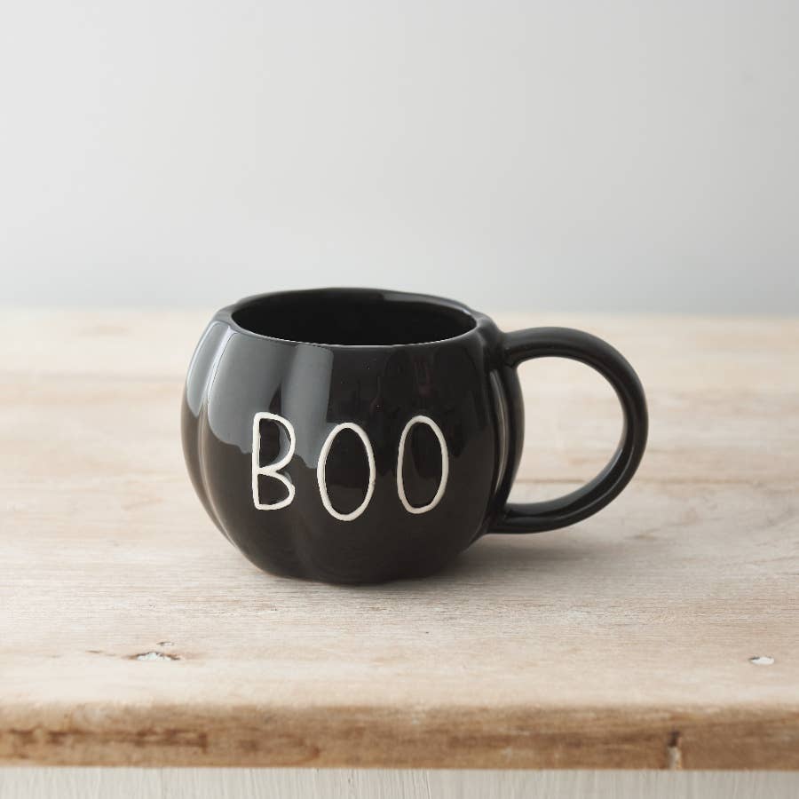 Black ceramic mug with a glossy finish and embossed “BOO” slogan. A fun addition to your autumn collection.