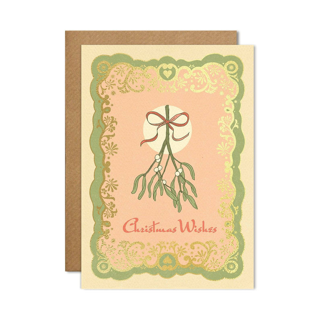 6 handmade eco-conscious card with a soft pink background, green mistletoe accents, and luxe gold foil. Includes a Kraft envelope and biodegradable cello wrap.