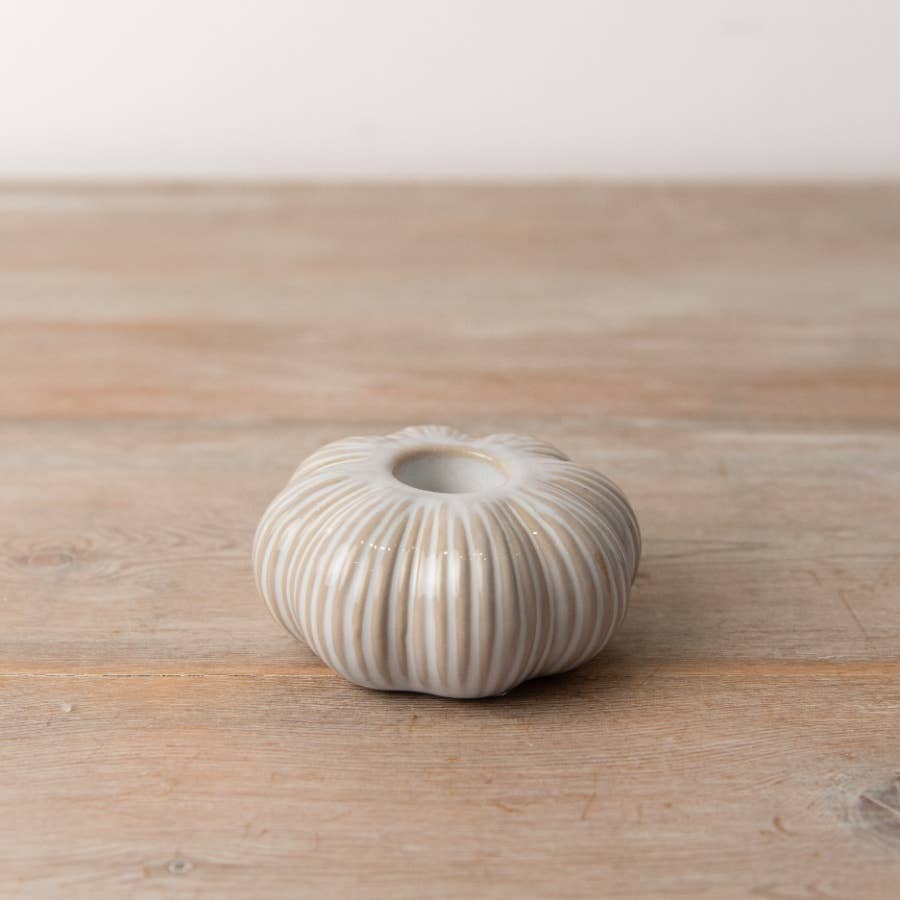 Cream Ribbed Ceramic Pumpkin Dinner Candle Holder - Benny and Mollie