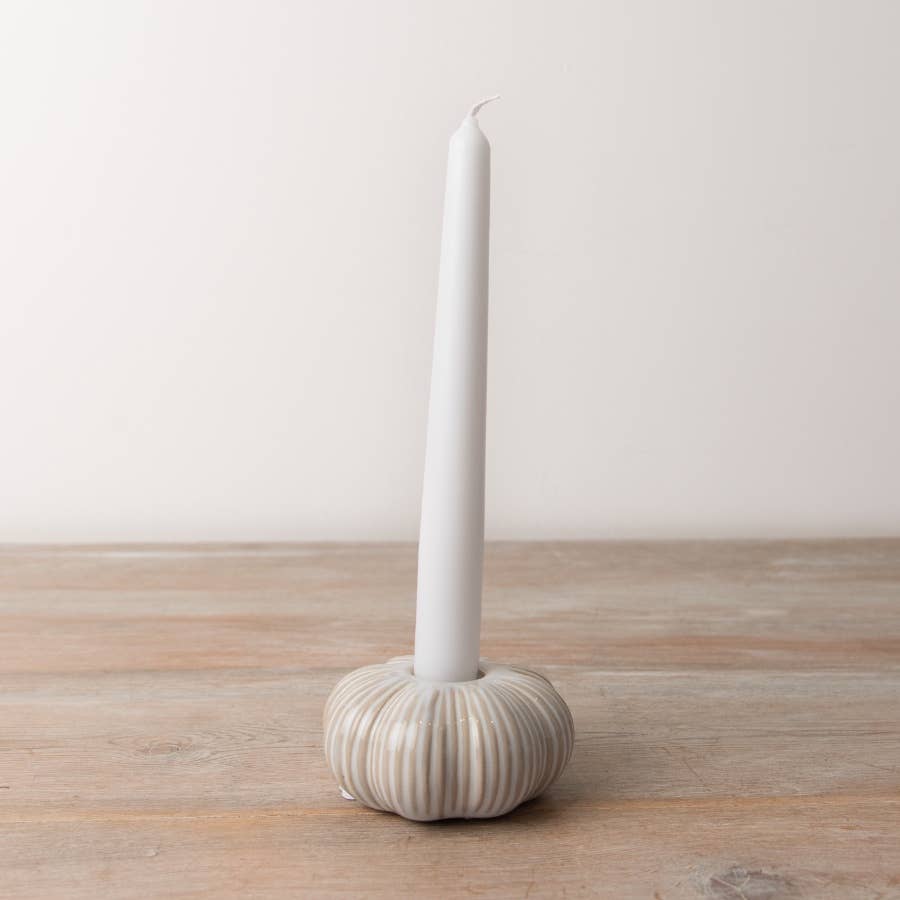 Cream Ribbed Ceramic Pumpkin Dinner Candle Holder