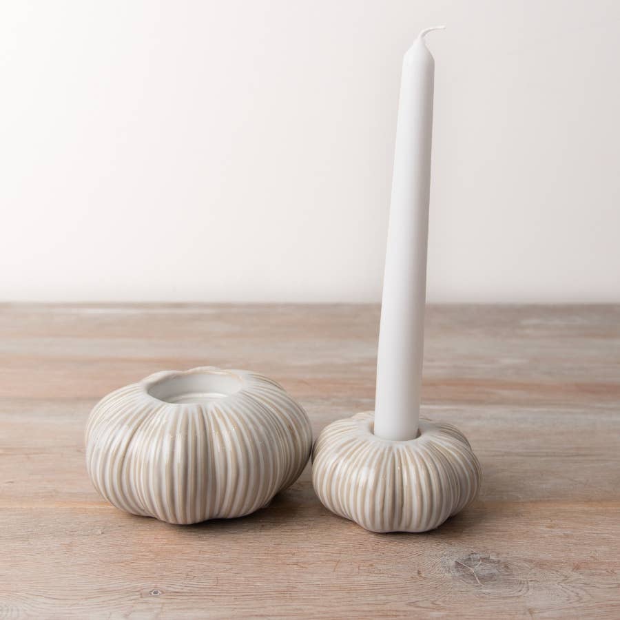 Cream Ribbed Ceramic Pumpkin Tea Light Holder - Benny and Mollie