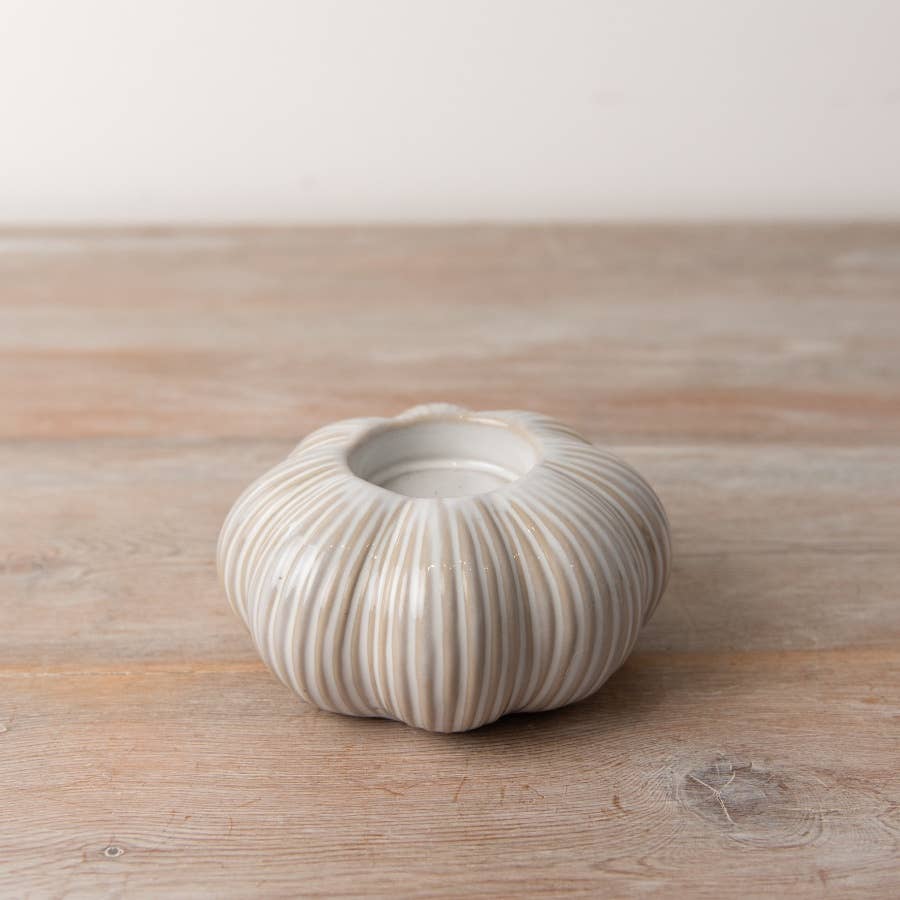 Cream Ribbed Ceramic Pumpkin Tea Light Holder - Benny and Mollie