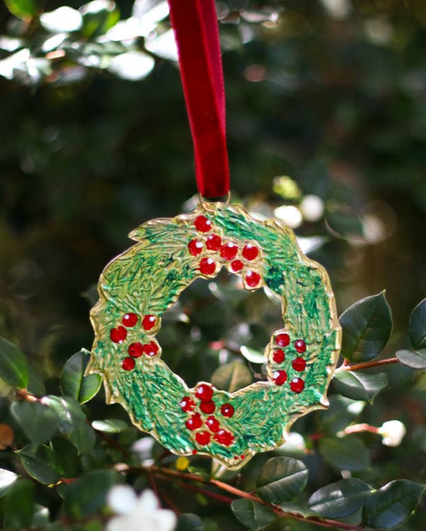Tin Embossing Wreath Ornament with Ribbon on Tree