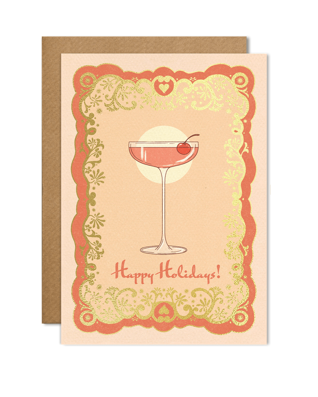 A6 handmade eco-conscious card in chic pink tones featuring a festive cocktail illustration with luxe gold foil. Includes a Kraft envelope and biodegradable cello wrap.
