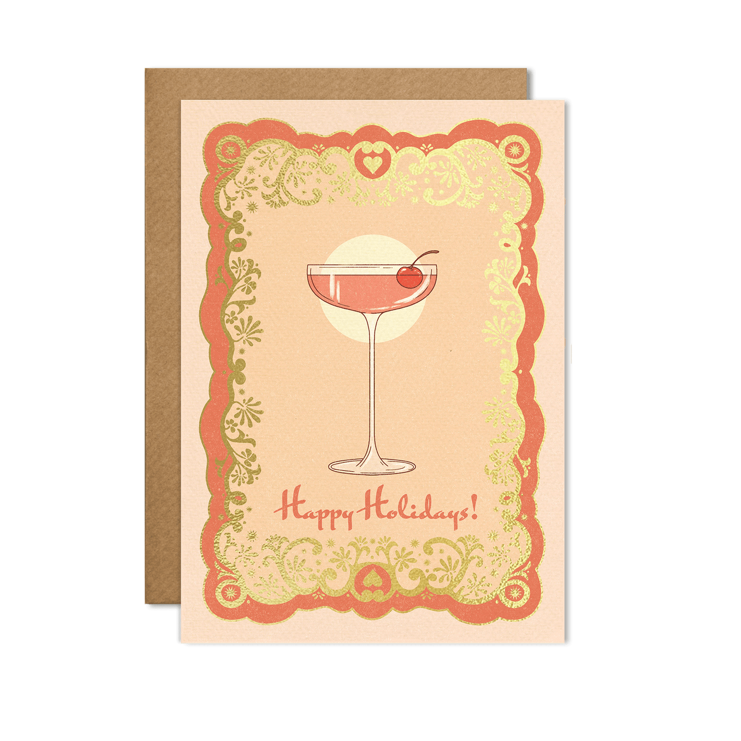 A6 handmade eco-conscious card in chic pink tones featuring a festive cocktail illustration with luxe gold foil. Includes a Kraft envelope and biodegradable cello wrap.