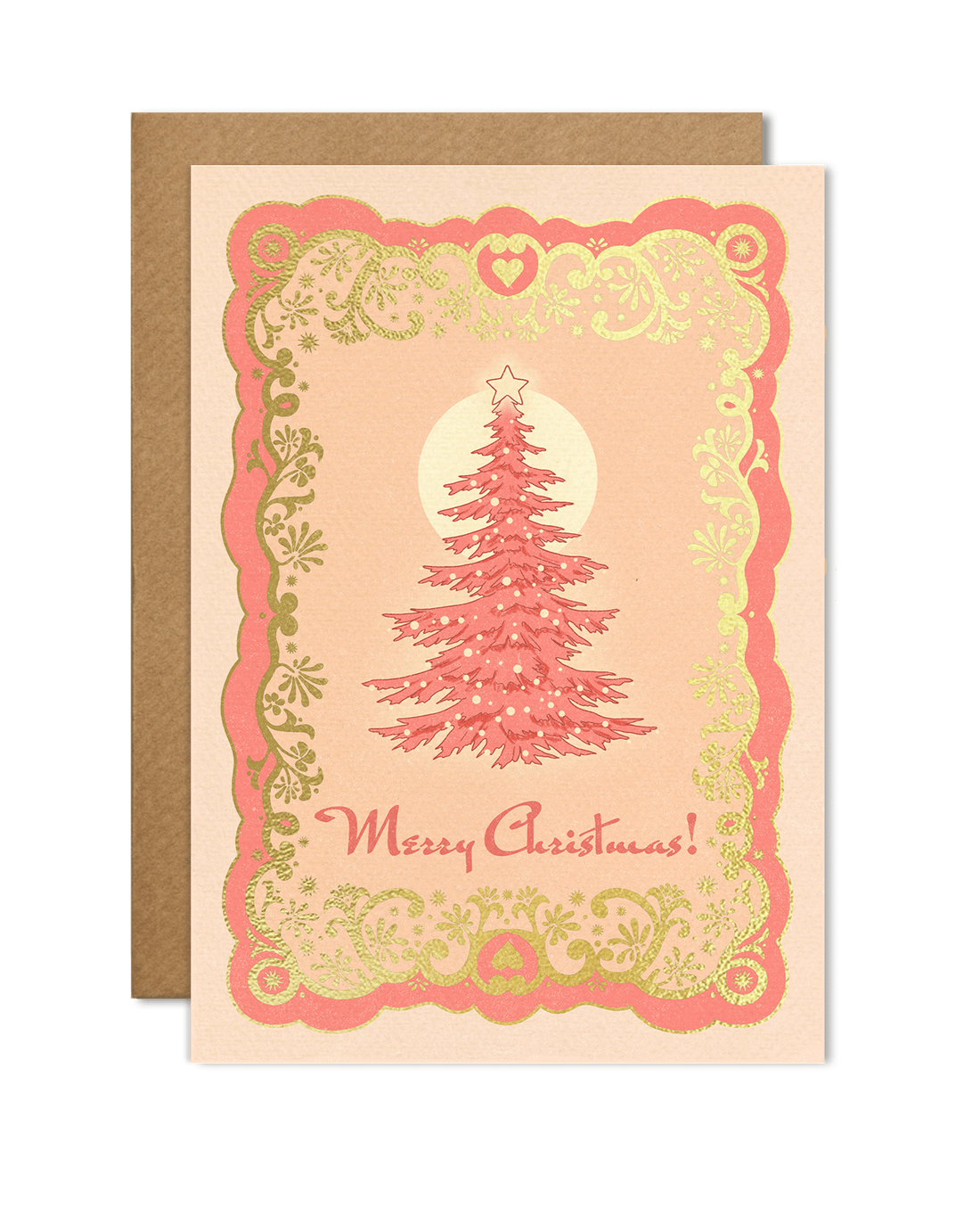 A6 handmade eco-conscious card with soft pink hues and luxe gold foil detailing, featuring a Christmas tree design. Includes a Kraft envelope and biodegradable cello wrap.