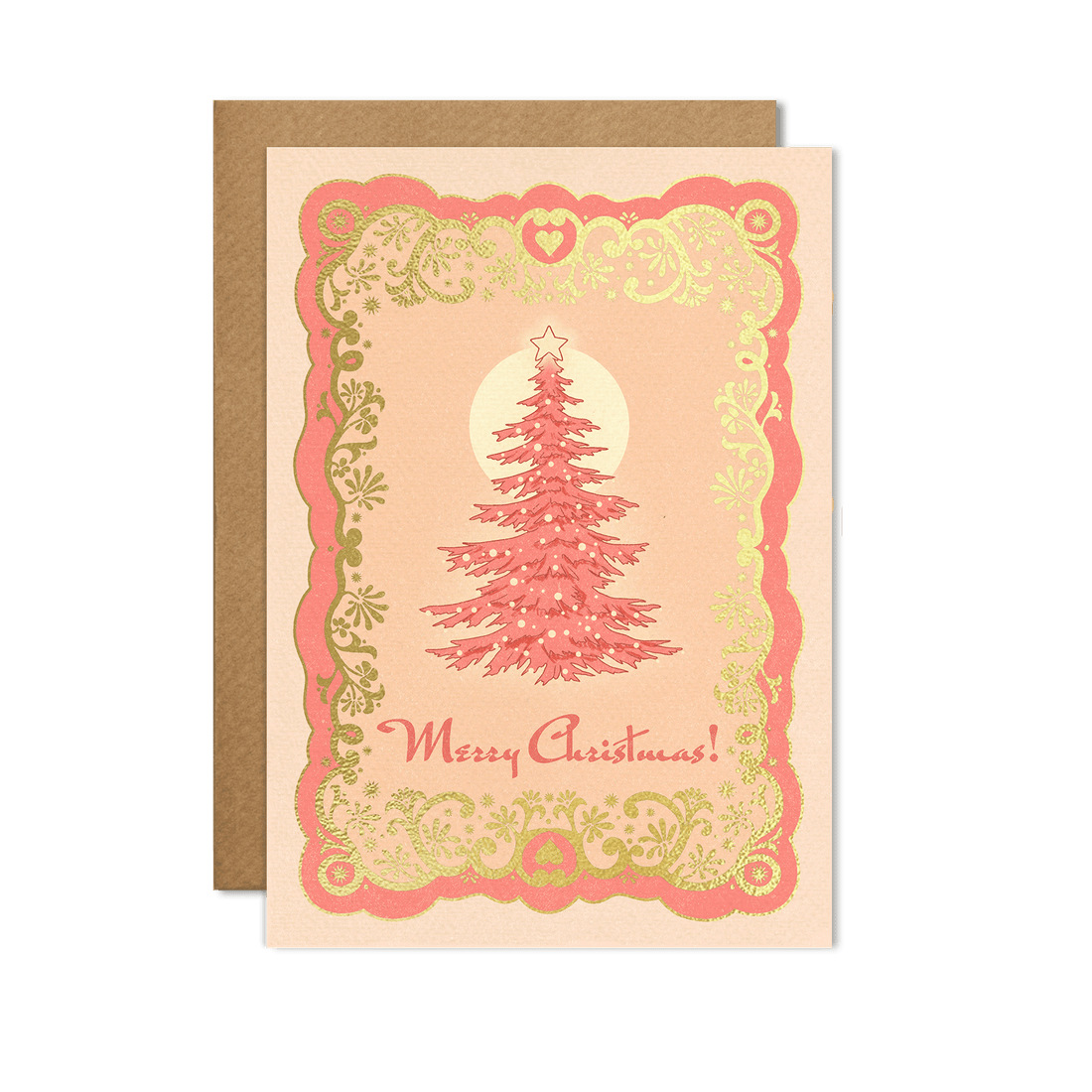 A6 handmade eco-conscious card with soft pink hues and luxe gold foil detailing, featuring a Christmas tree design. Includes a Kraft envelope and biodegradable cello wrap.