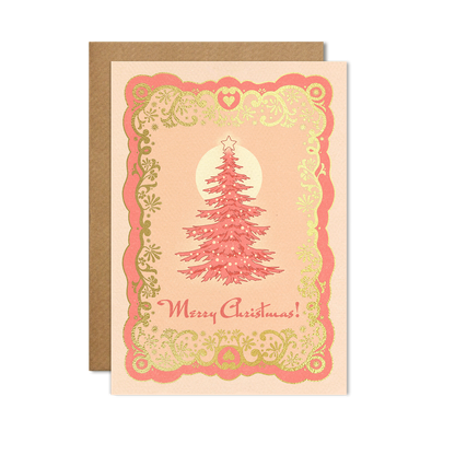 A6 handmade eco-conscious card with soft pink hues and luxe gold foil detailing, featuring a Christmas tree design. Includes a Kraft envelope and biodegradable cello wrap.