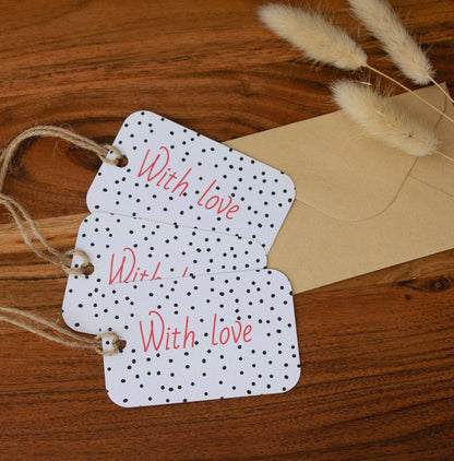 Set of red and black polka dot gift tags with &quot;With Love&quot; text, made from 100% recycled premium card. Includes string for easy attachment to gift wrapping.