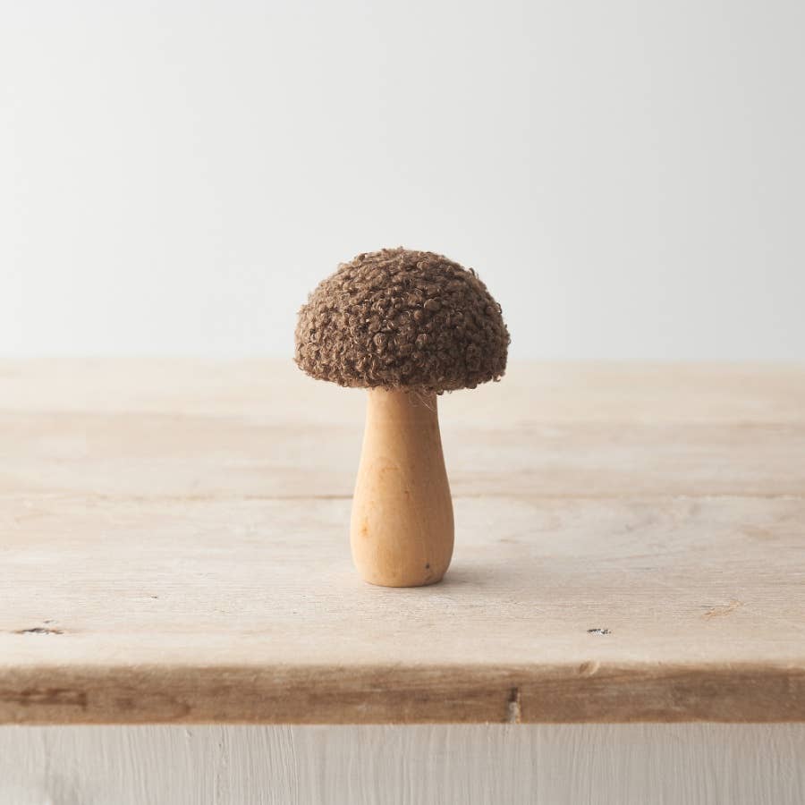 Set of three autumnal ornaments featuring sherpa fabric mushrooms with a natural, seasonal charm.