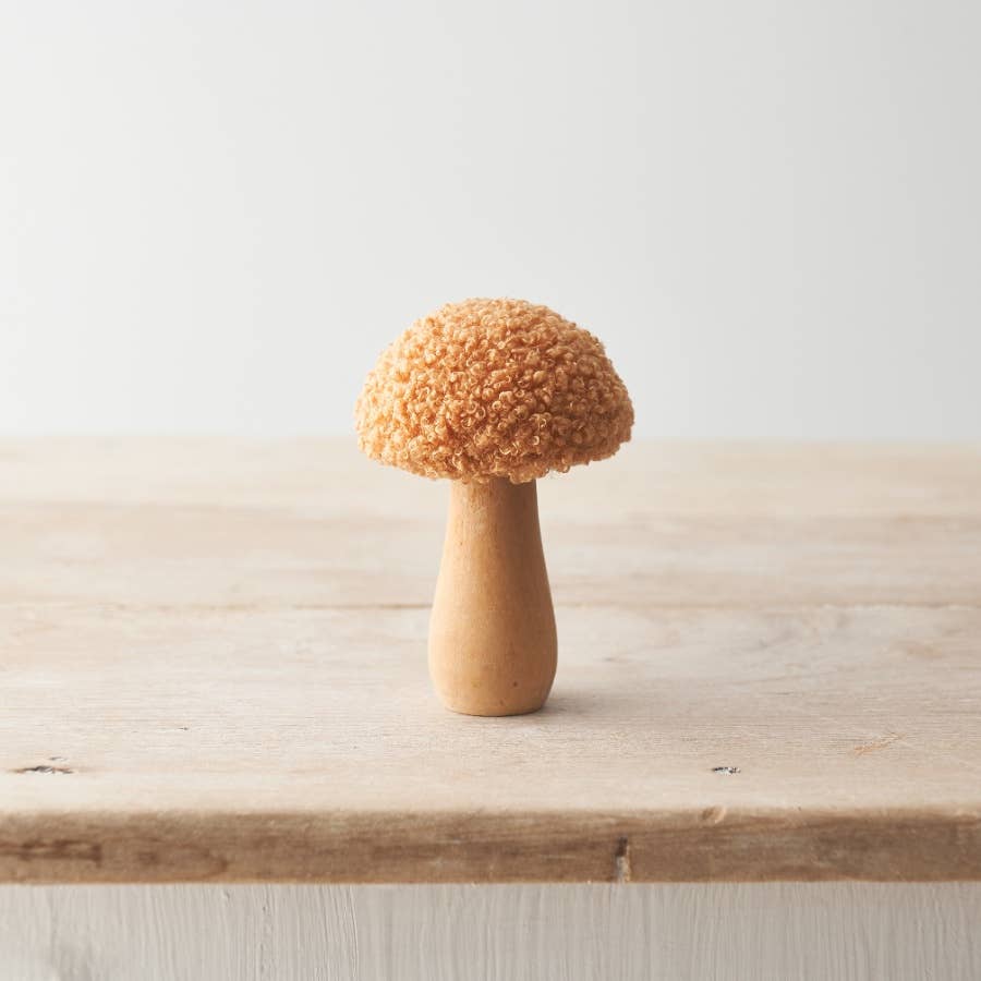 Set of three autumnal ornaments featuring sherpa fabric mushrooms with a natural, seasonal charm.