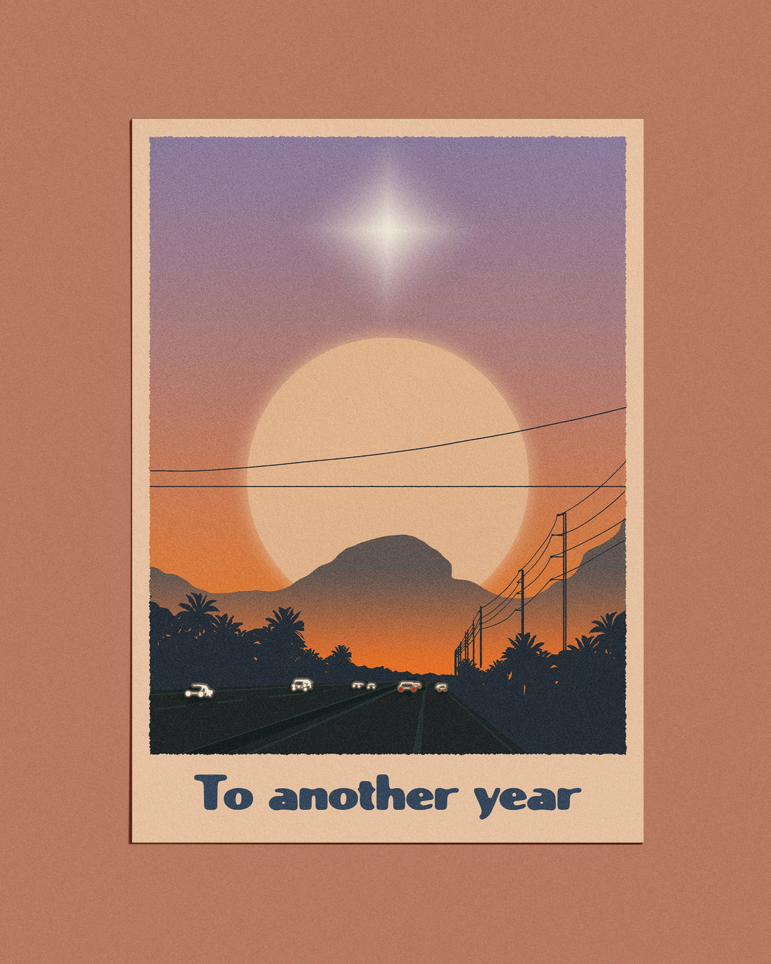 A6 eco-friendly card with "To Another Year" text, depicting a city and mountainscape. Ideal for anniversaries, birthdays, New Year&